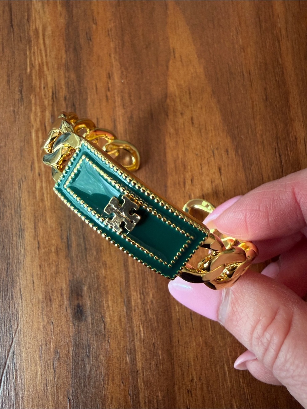 Tory Burch Gold Chain Bracelet with Deep Jade Green Enamel Logo Plate
